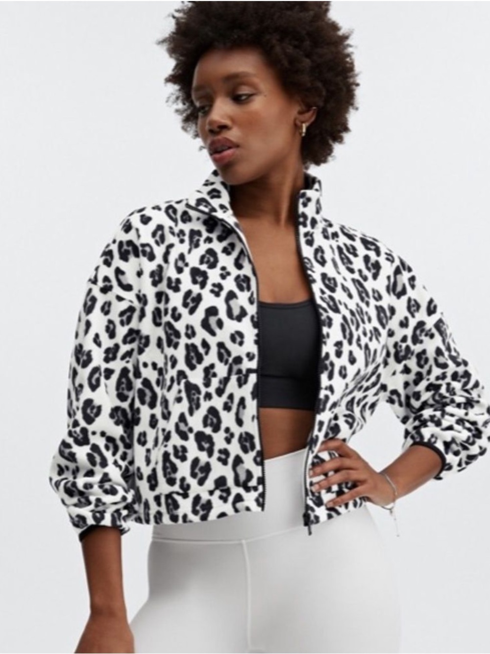 Fabletics Black & White Leopard Cropped Bomber Jacket